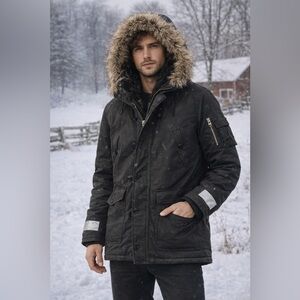 Alpha Industries Faux Fur Hooded Military Parka Coat Black Size M